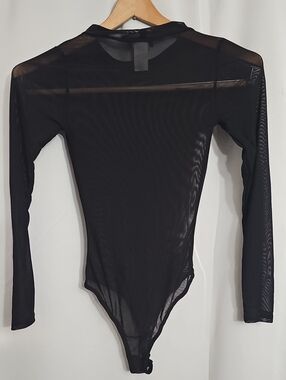 Mesh Bodysuit Long Sleeve Top Sheer Round Neck Leotard Black Size Small NEW